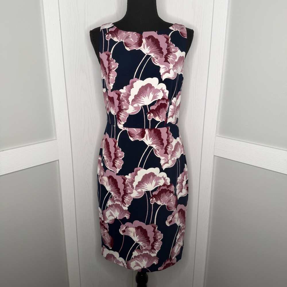 Ann Taylor Sheath Dress Womens 4 Navy Plum Floral Sleeveless Knee Length